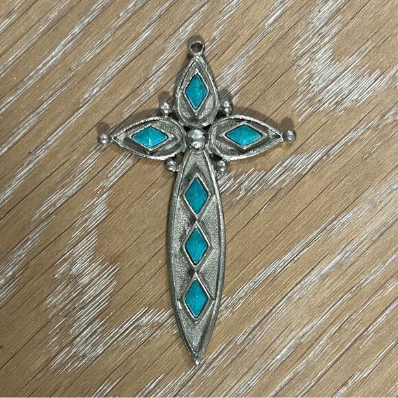 Vintage St. Labre Turquoise Cross Pendant Crucifix Silver Tone - Picture 7 of 7